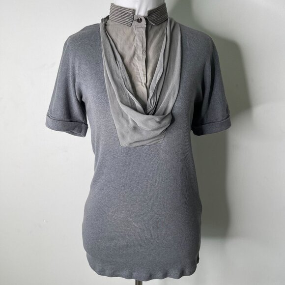 BRUNELLO CUCINELLI Women's Grey Short Sleeve Silk Button Down Shirt Size Large - Picture 1 of 12